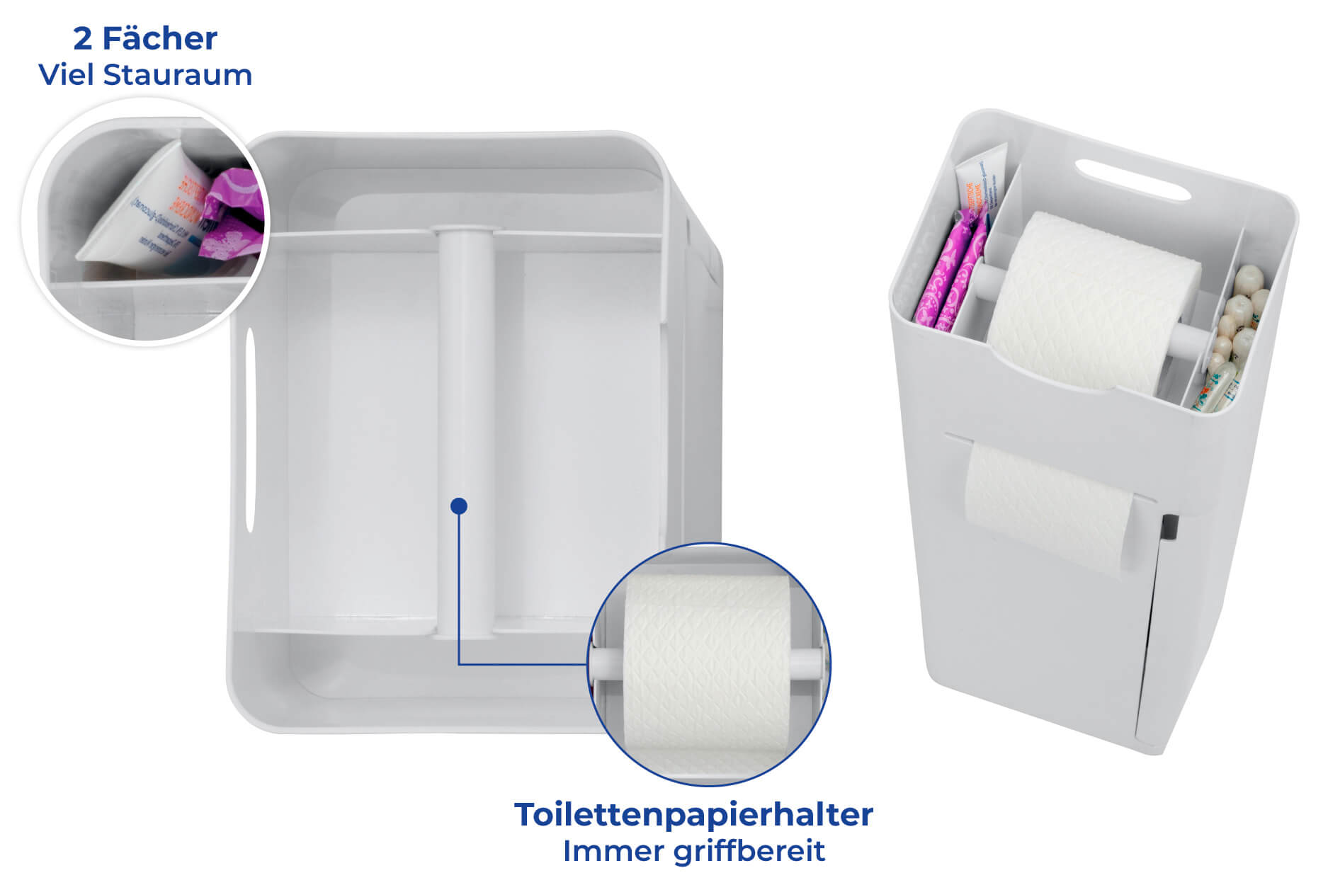 6 in 1 Stand WC-Garnitur Imon Weiß matt, integrierter Toilettenpapierhalter, WC-Bürstenhalter, Ersatzrollenhalter, Stauraumfächer und Ablage