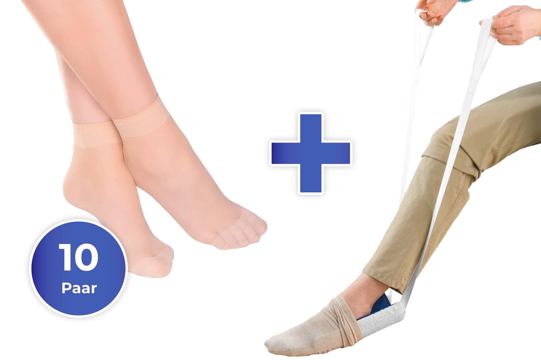 2in1-Set: Anziehhilfe für Strümpfe und stützende Socken im 10er Set 2in1-Set: Anziehhilfe für Strümpfe und stützende Socken im 10er Set