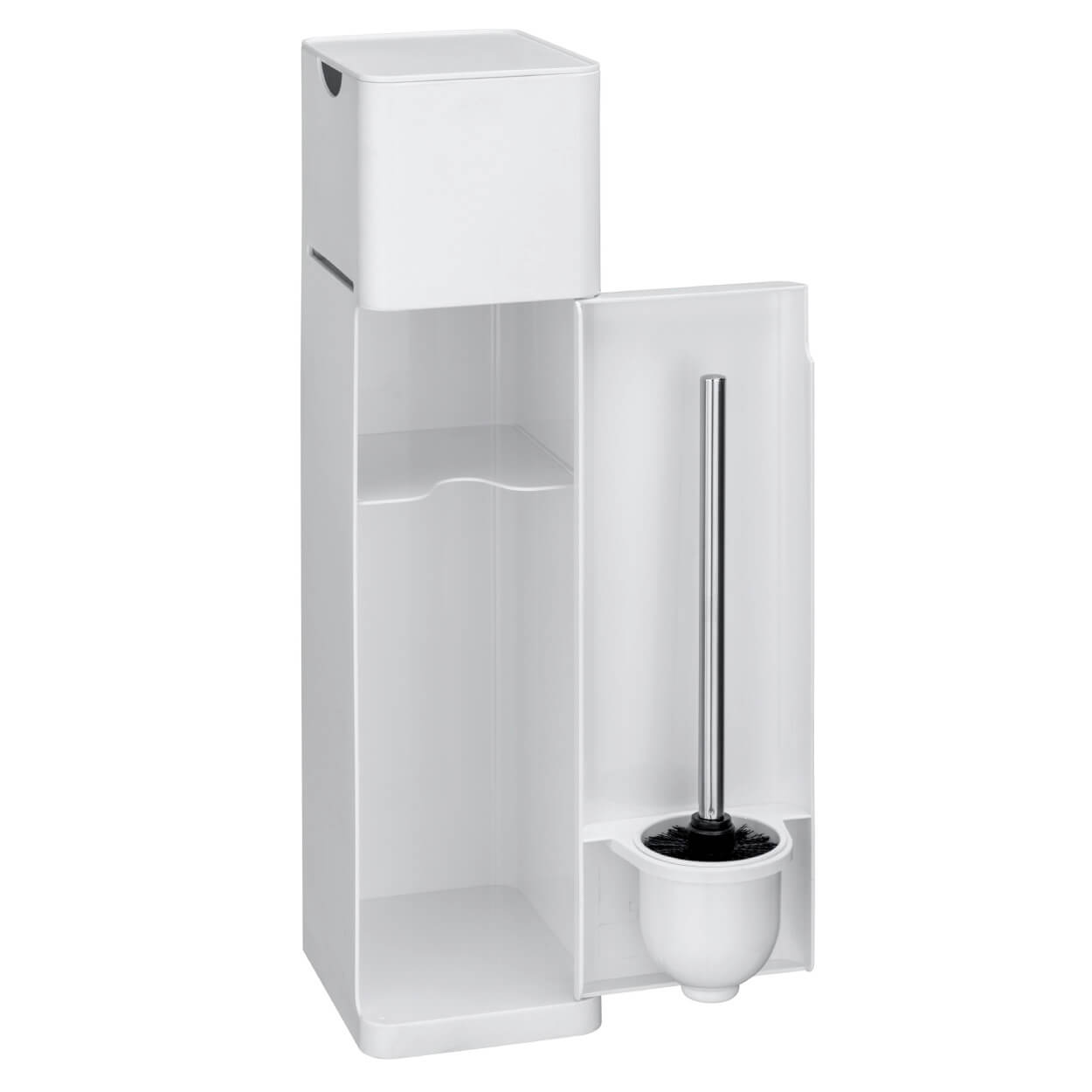 6 in 1 Stand WC-Garnitur Imon Weiß matt, integrierter Toilettenpapierhalter, WC-Bürstenhalter, Ersatzrollenhalter, Stauraumfächer und Ablage