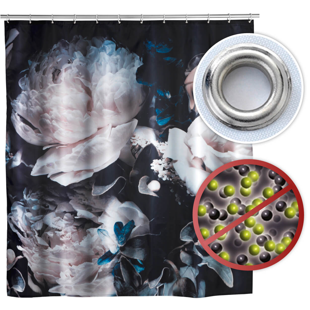 Anti-Schimmel Duschvorhang Peony, Textil (Polyester), 180 x 200 cm, waschbar