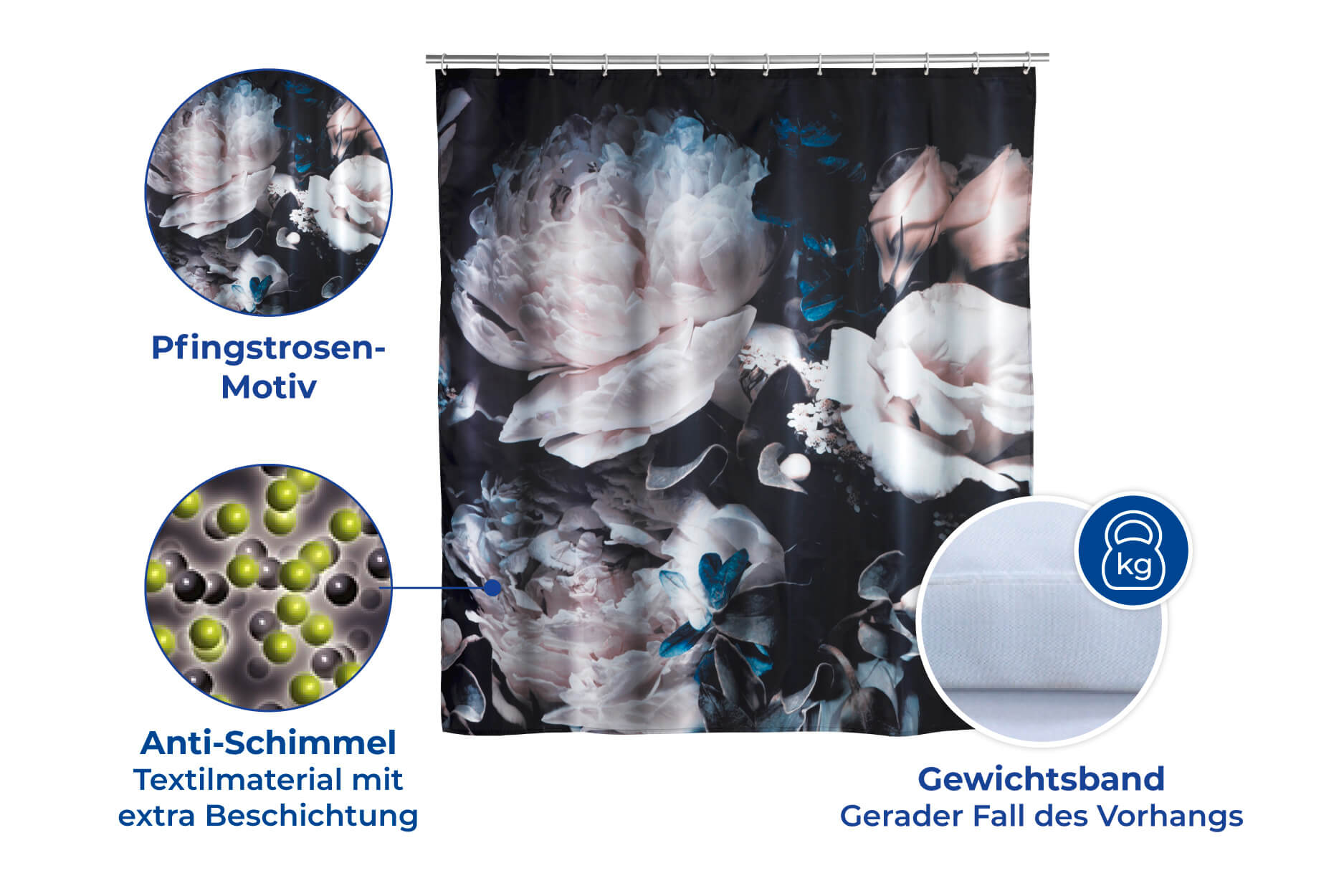 Anti-Schimmel Duschvorhang Peony, Textil (Polyester), 180 x 200 cm, waschbar