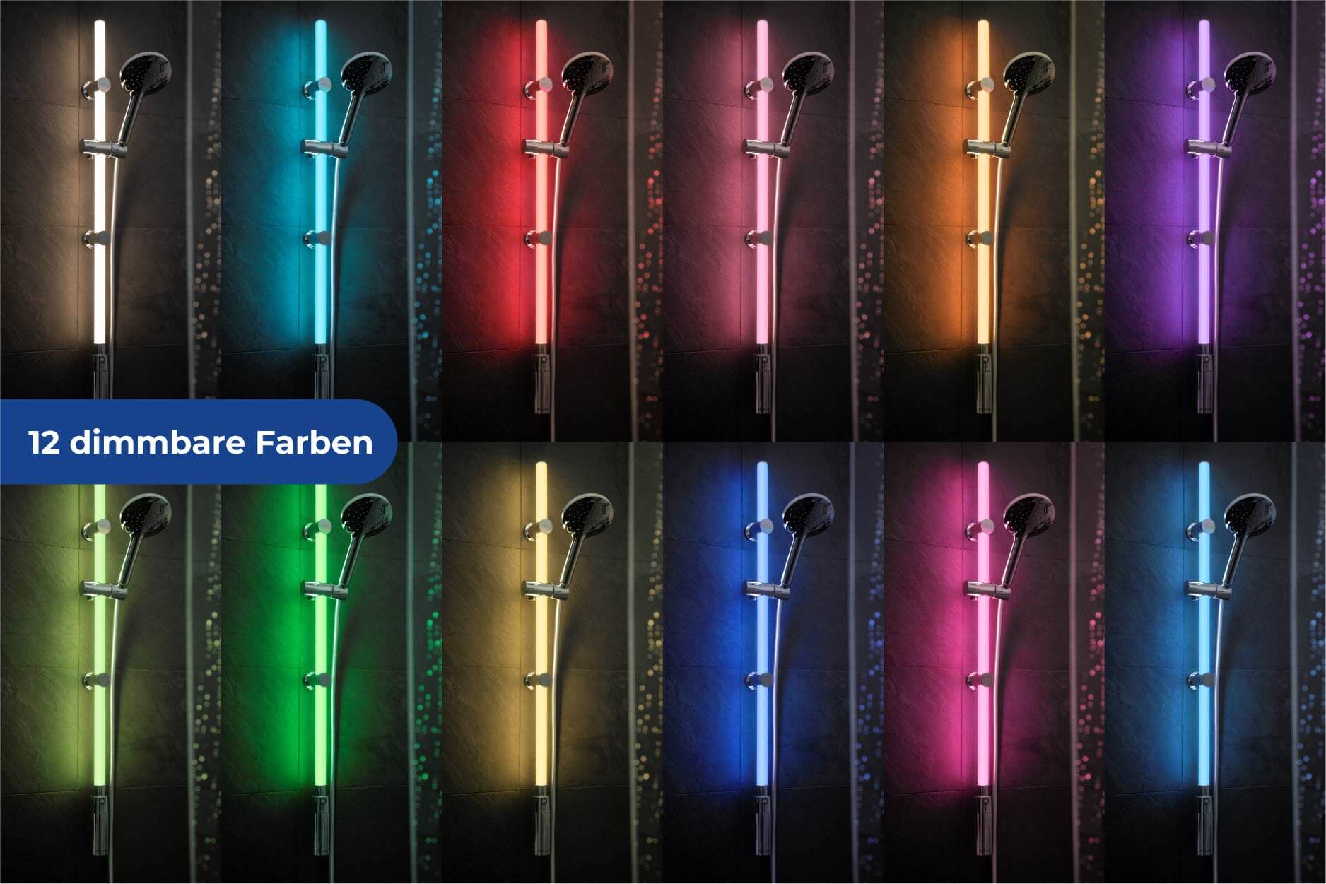 LED Duschstangen-Set 94 cm RGB + Warmweiß, Set mit beleuchteter Brausestange, Duschkopf & Duschschlauch LED Duschstangen-Set 94 cm RGB + Warmweiß, Set mit beleuchteter Brausestange, Duschkopf & Duschschlauch