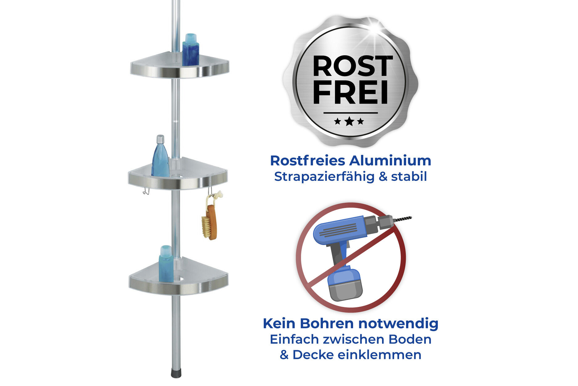 Teleskop Duschecke Premium, mit 3 Ablagen und Spiegel, satiniert Teleskop Duschecke Premium, mit 3 Ablagen und Spiegel, satiniert