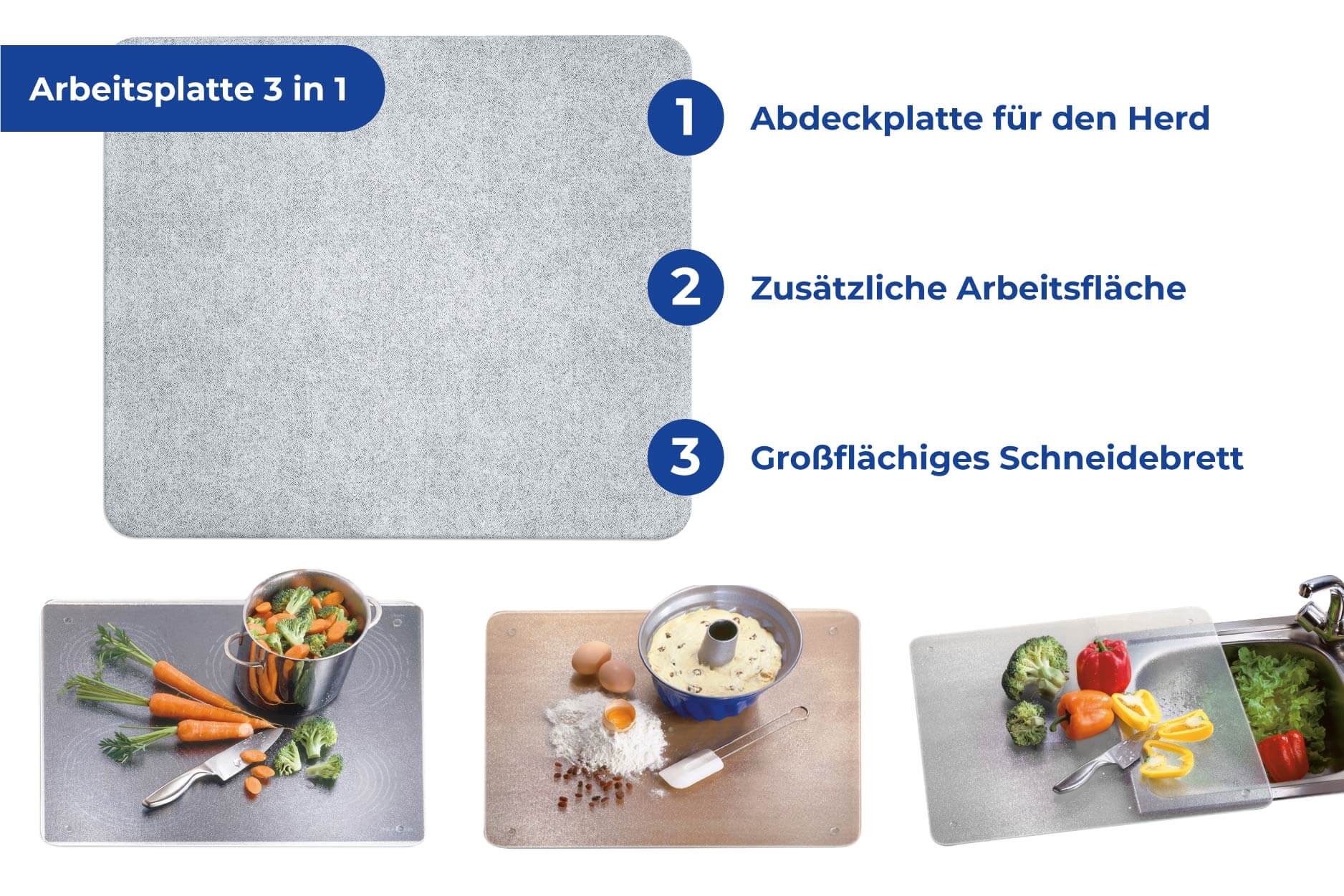 Herdabdeckplatte, multifunktional, für Glaskeramik-Kochfelder Herdabdeckplatte, multifunktional, für Glaskeramik-Kochfelder