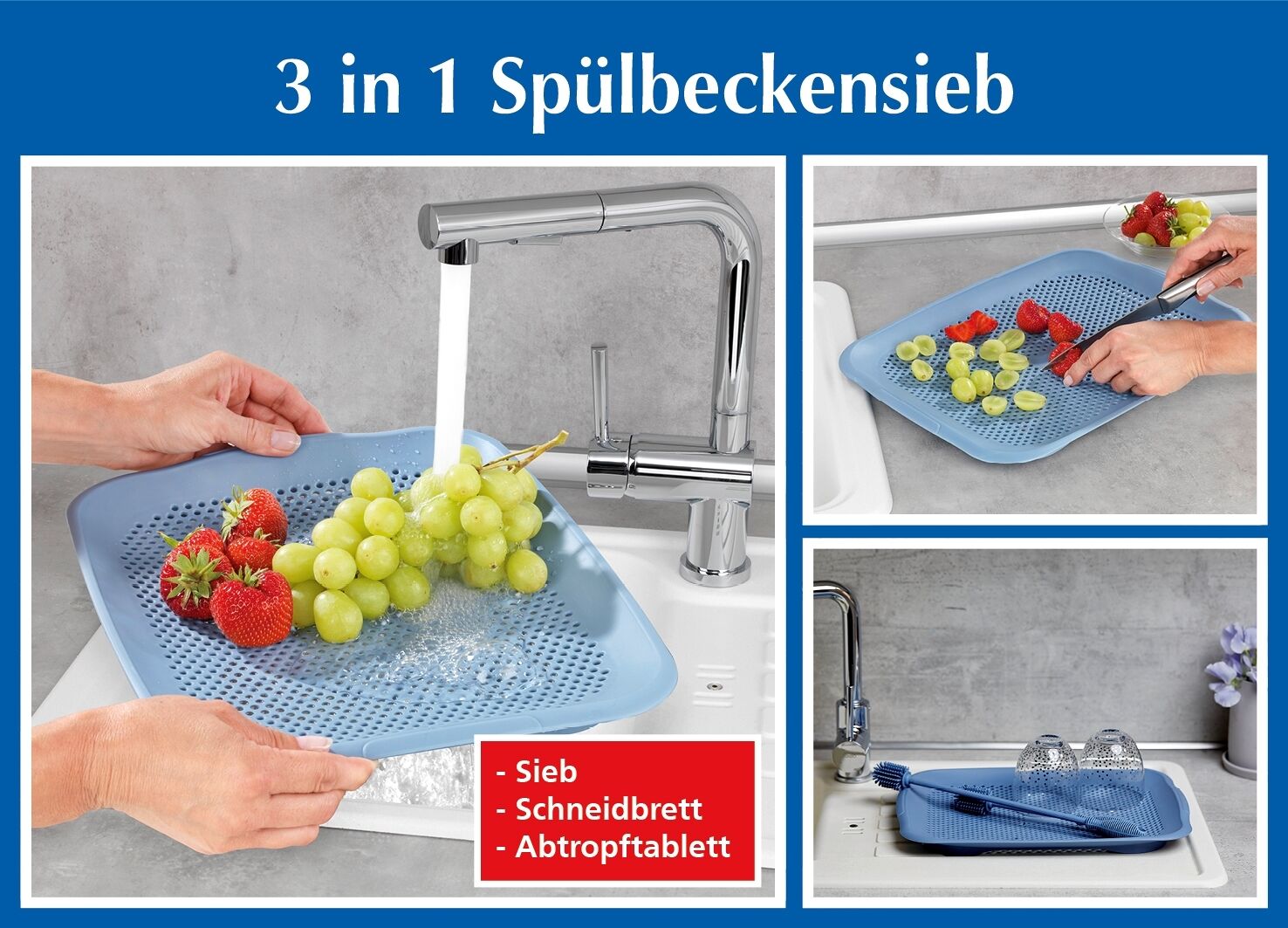 Spülbecken-Sieb Shari, Abtropfsieb und Schneidebrett für die Spüle