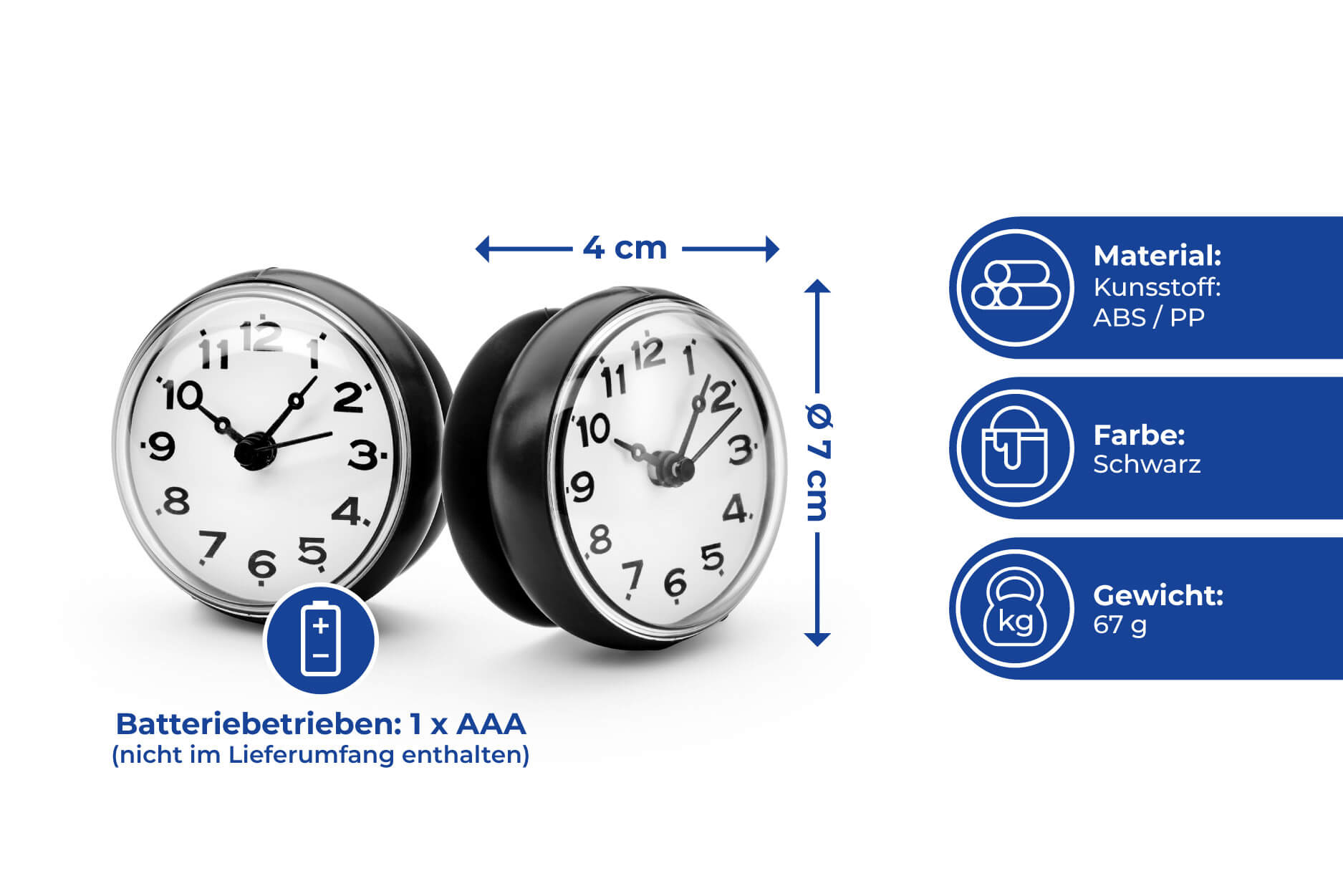 Wanduhr mit Saugnapfhalterung, 2er Set