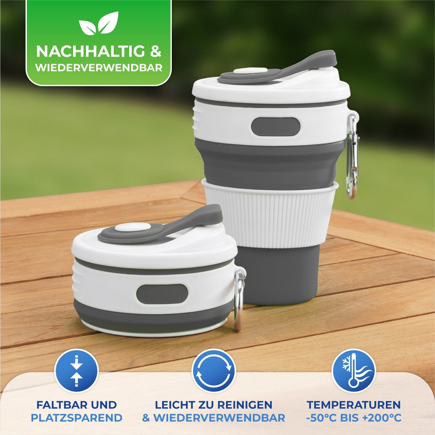 Faltbarer Silikon Coffee-to-go-Becher, 2er Set Faltbarer Silikon Coffee-to-go-Becher, 2er Set