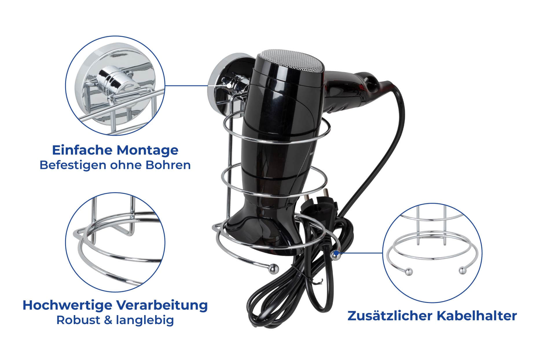 Vacuum-Loc® Haartrocknerhalter, Befestigen ohne bohren Vacuum-Loc® Haartrocknerhalter, Befestigen ohne bohren