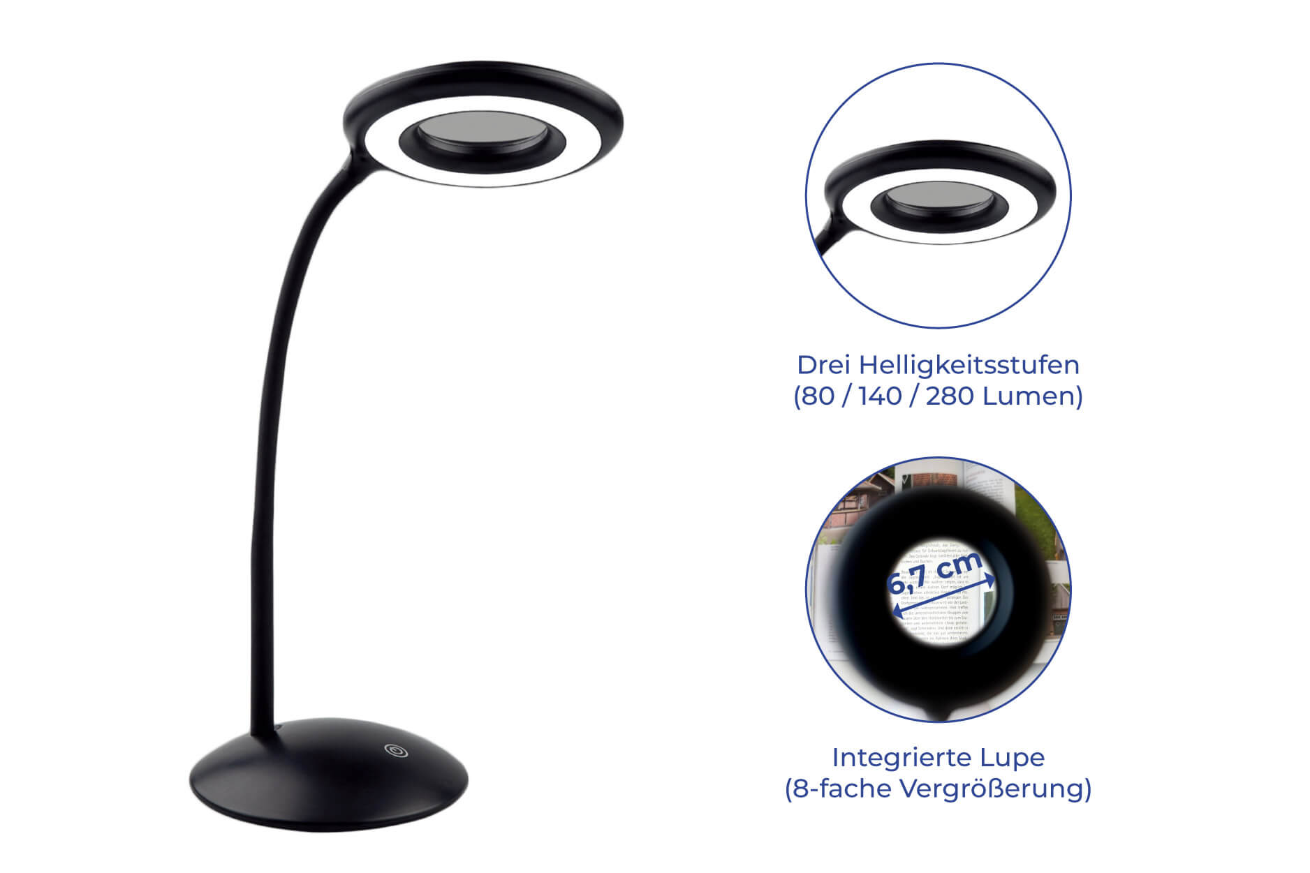 Maximex LED-Schreibtischleuchte 8-fach Lupe LEDs mit Schwarz, 24 Lampe