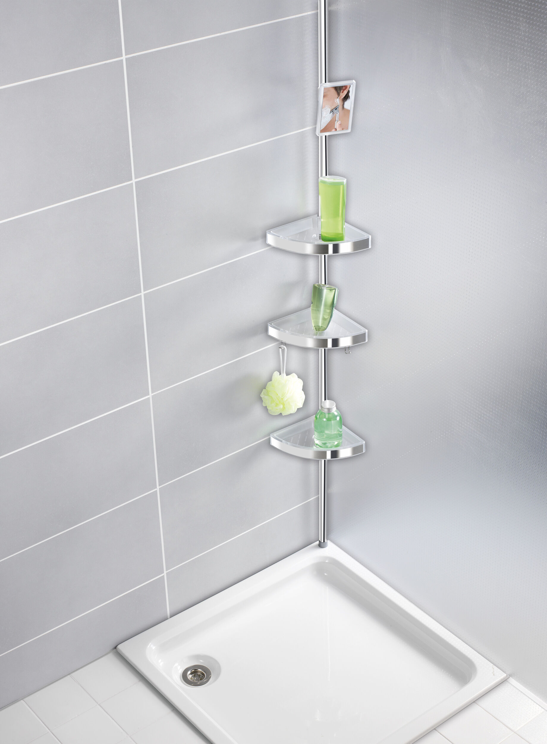 Teleskop Duschecke Premium glänzend, mit 3 Ablagen und Spiegel Teleskop Duschecke Premium glänzend, mit 3 Ablagen und Spiegel
