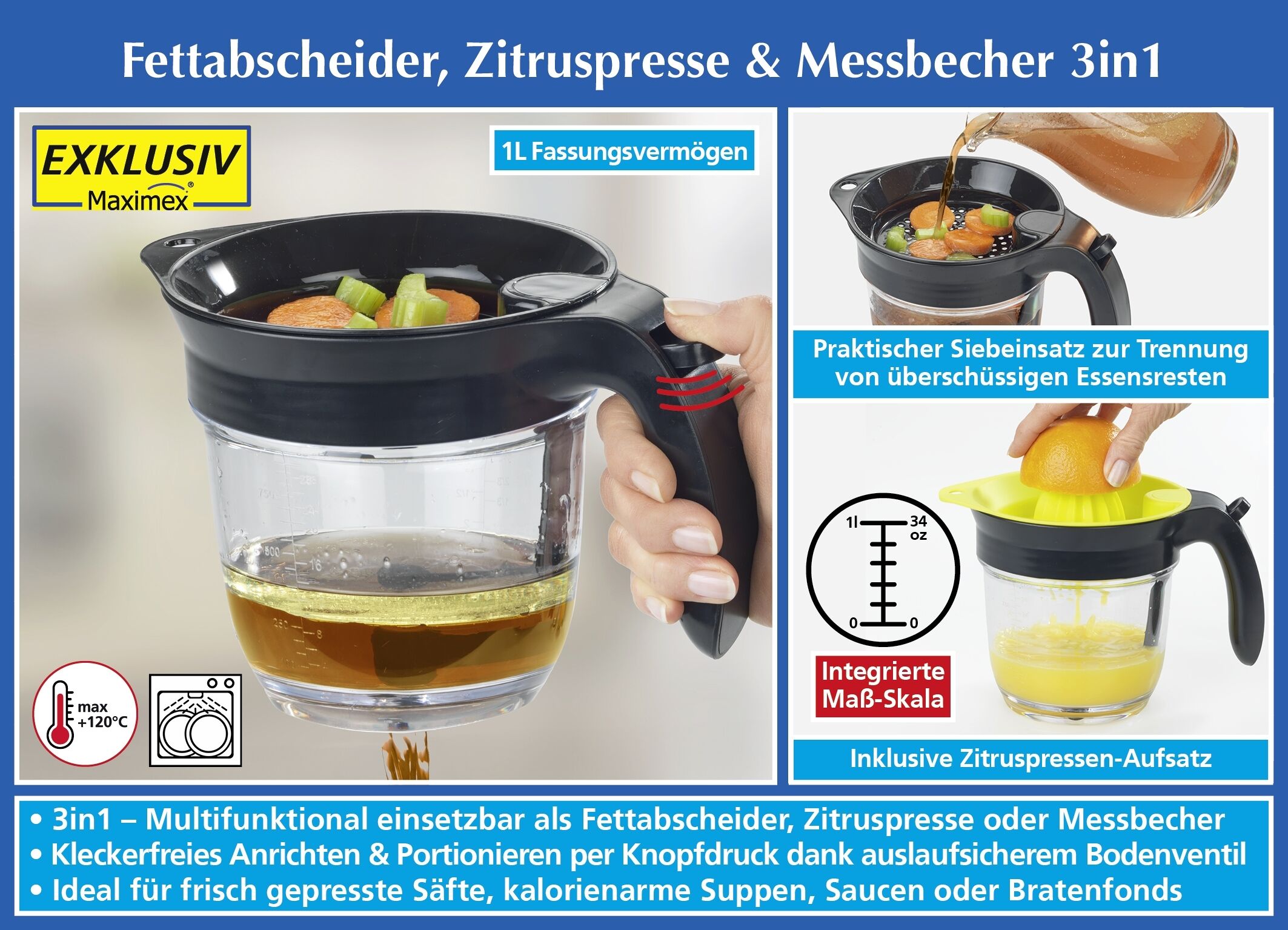 Fettabscheider, Zitruspresse & Messbecher 3in1 Fettabscheider, Zitruspresse & Messbecher 3in1