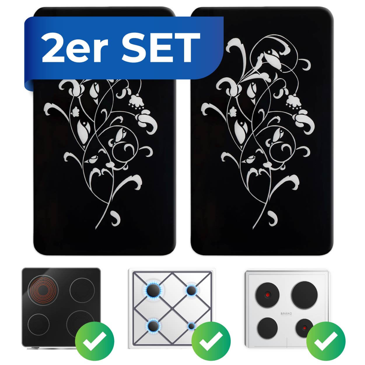 Herdabdeckplatte Universal Ornamento Nero 2er Set, für alle Herdarten