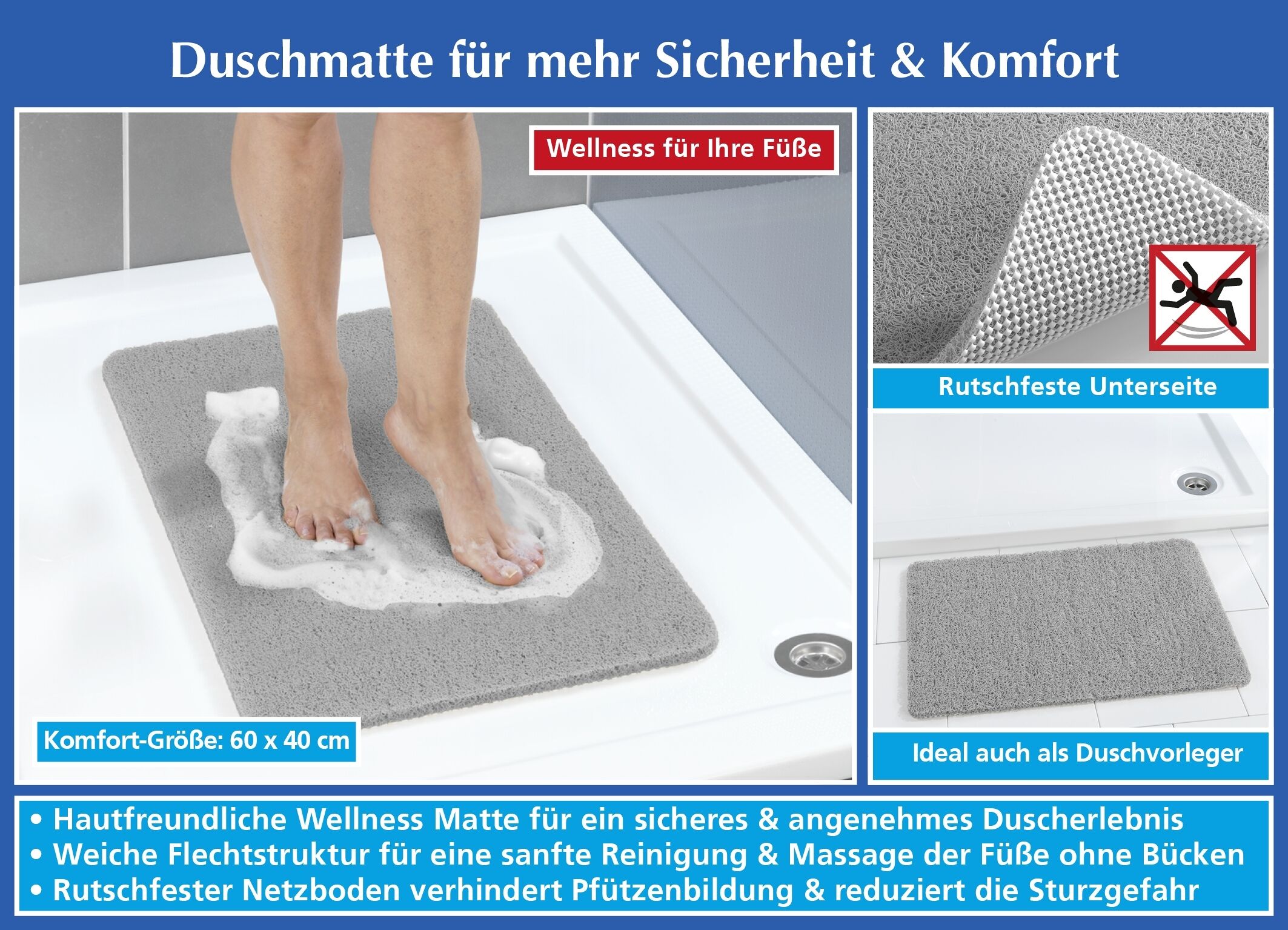 Wellness Duschmatte, grau 60x40 cm Wellness Duschmatte, grau 60x40 cm