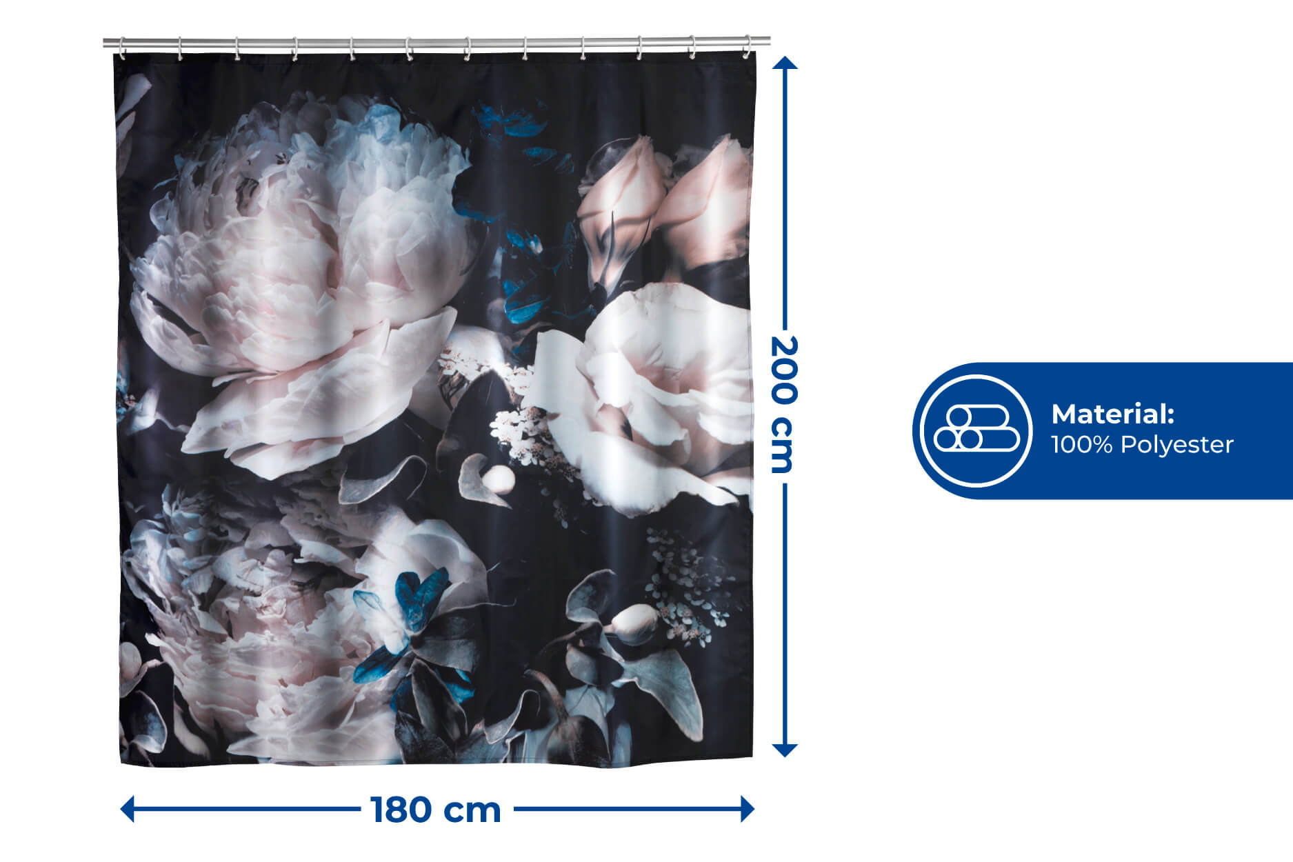 Anti-Schimmel Duschvorhang Peony, Textil (Polyester), 180 x 200 cm, waschbar