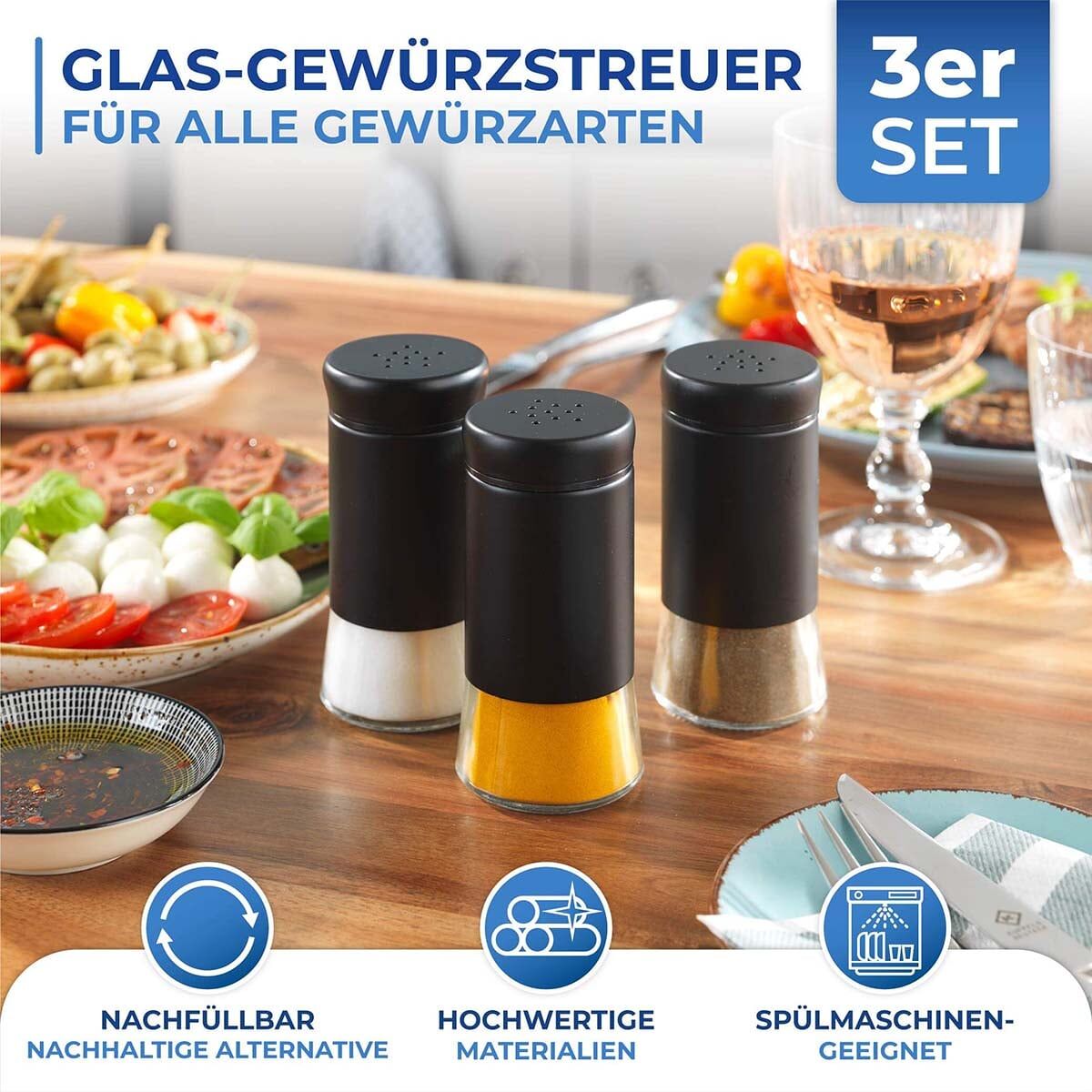 Glas Gewürzstreuer, Schwarz, 3er Set