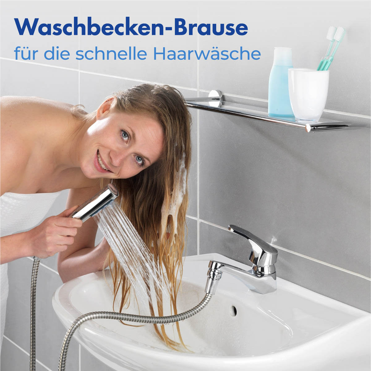Waschbeckenbrause mit Duo-Haken + Haarwaschhilfe aufblasbar Waschbeckenbrause mit Duo-Haken + Haarwaschhilfe aufblasbar