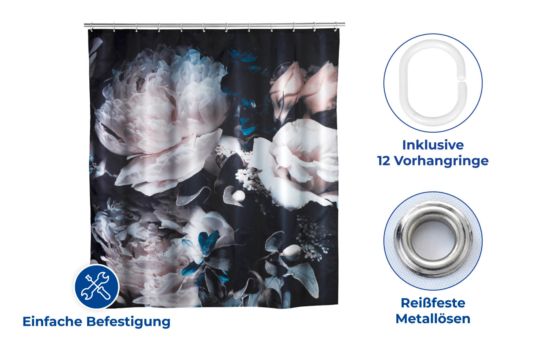 Anti-Schimmel Duschvorhang Peony, Textil (Polyester), 180 x 200 cm, waschbar