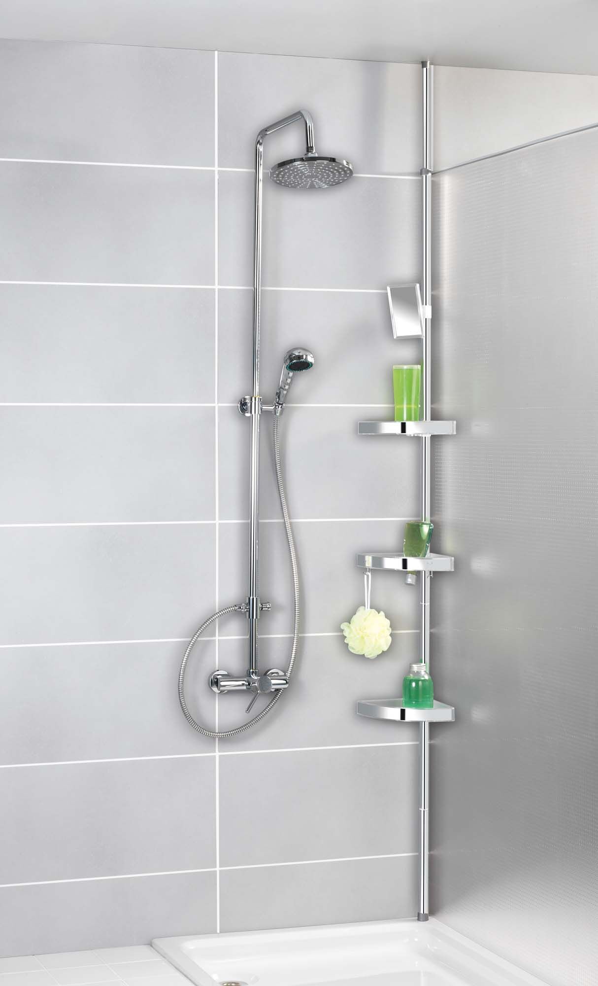 Teleskop Duschecke Premium glänzend, mit 3 Ablagen und Spiegel Teleskop Duschecke Premium glänzend, mit 3 Ablagen und Spiegel