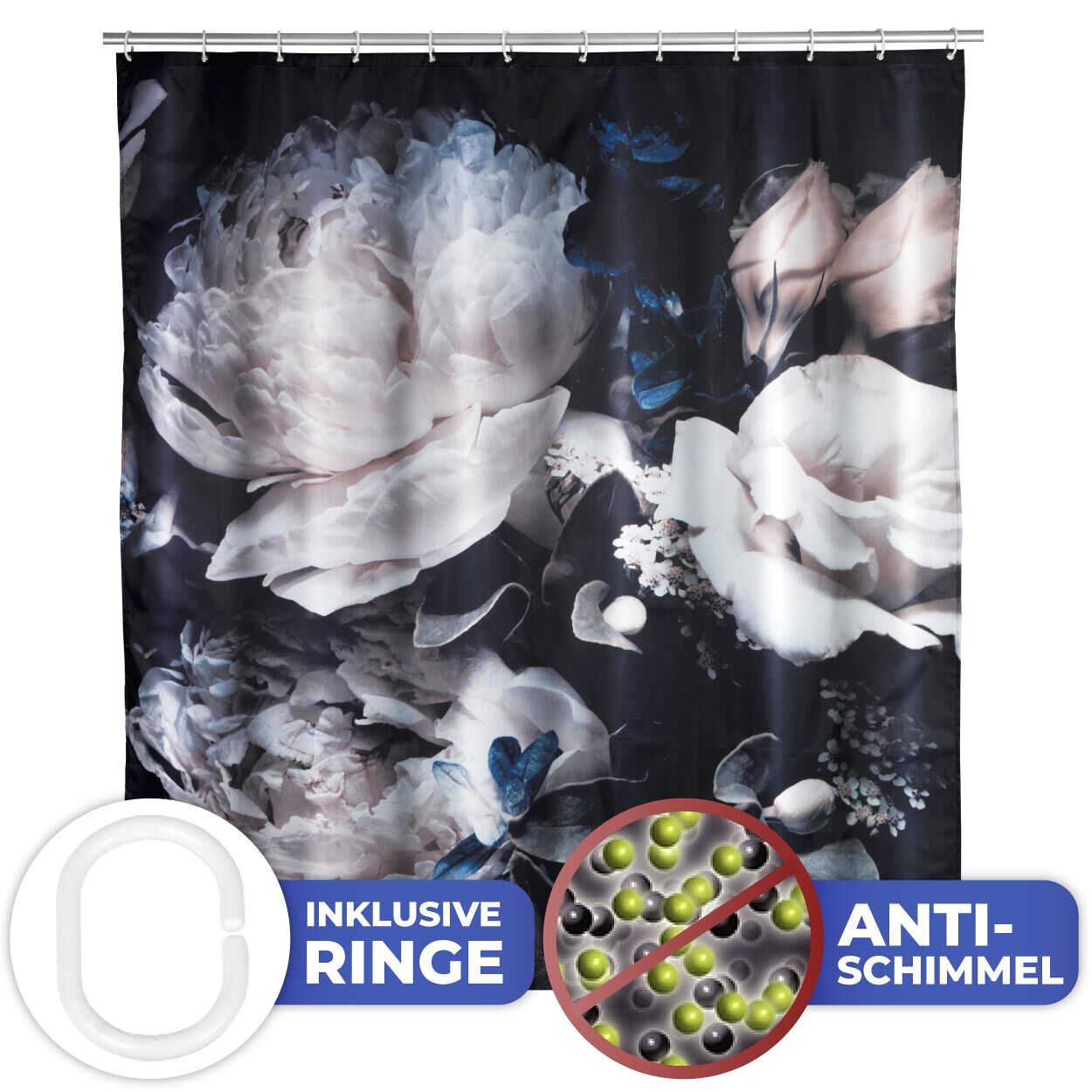 Anti-Schimmel Duschvorhang Peony, Textil (Polyester), 180 x 200 cm, waschbar