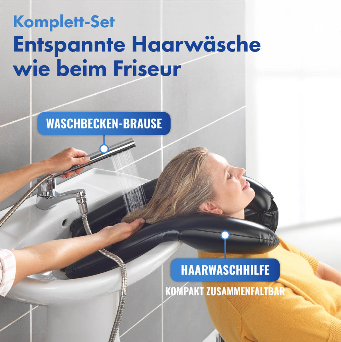 Waschbeckenbrause mit Duo-Haken + Haarwaschhilfe aufblasbar Waschbeckenbrause mit Duo-Haken + Haarwaschhilfe aufblasbar