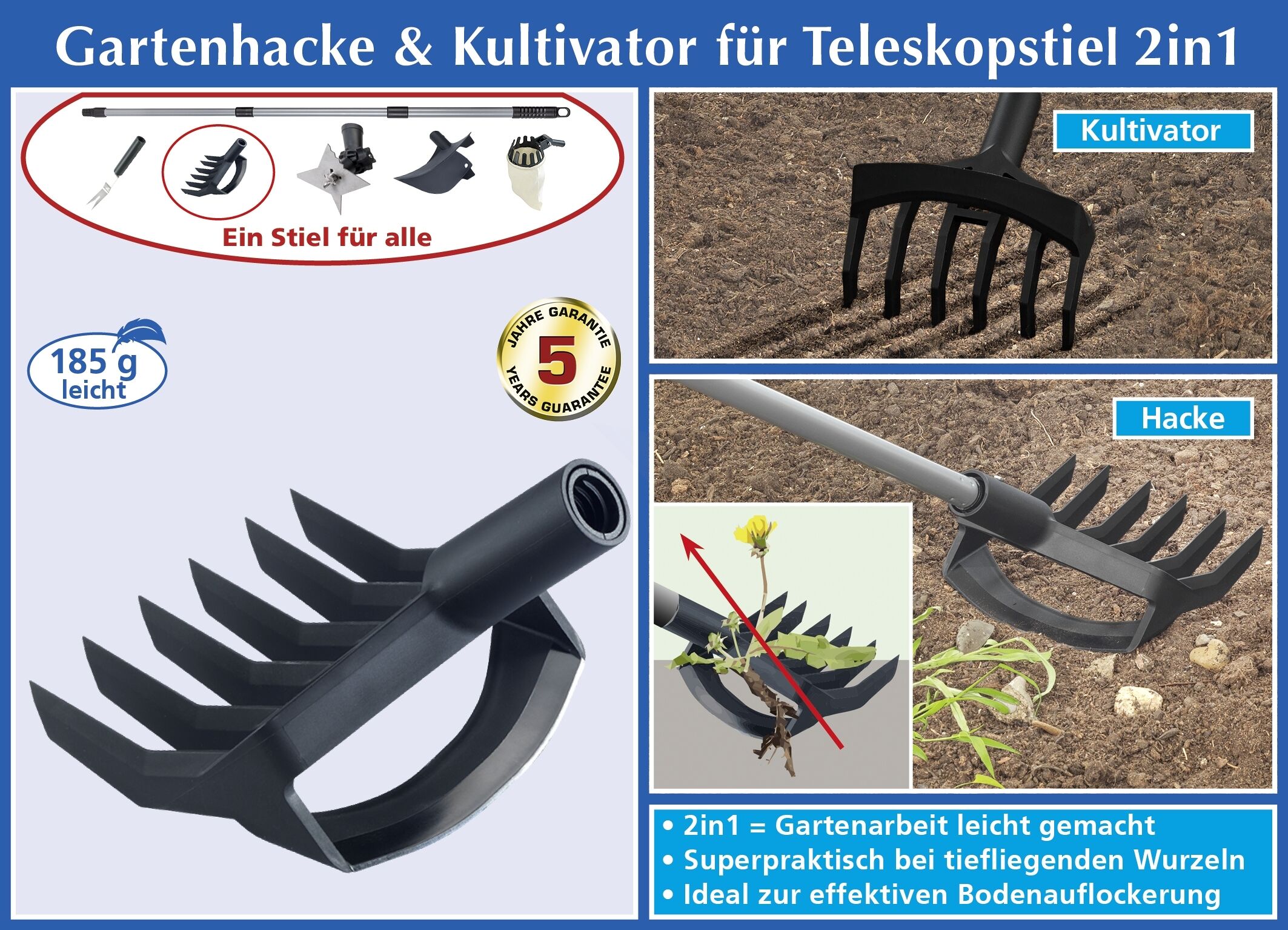 Gartenhacke & Kultivator für Teleskopstiel 2in1
