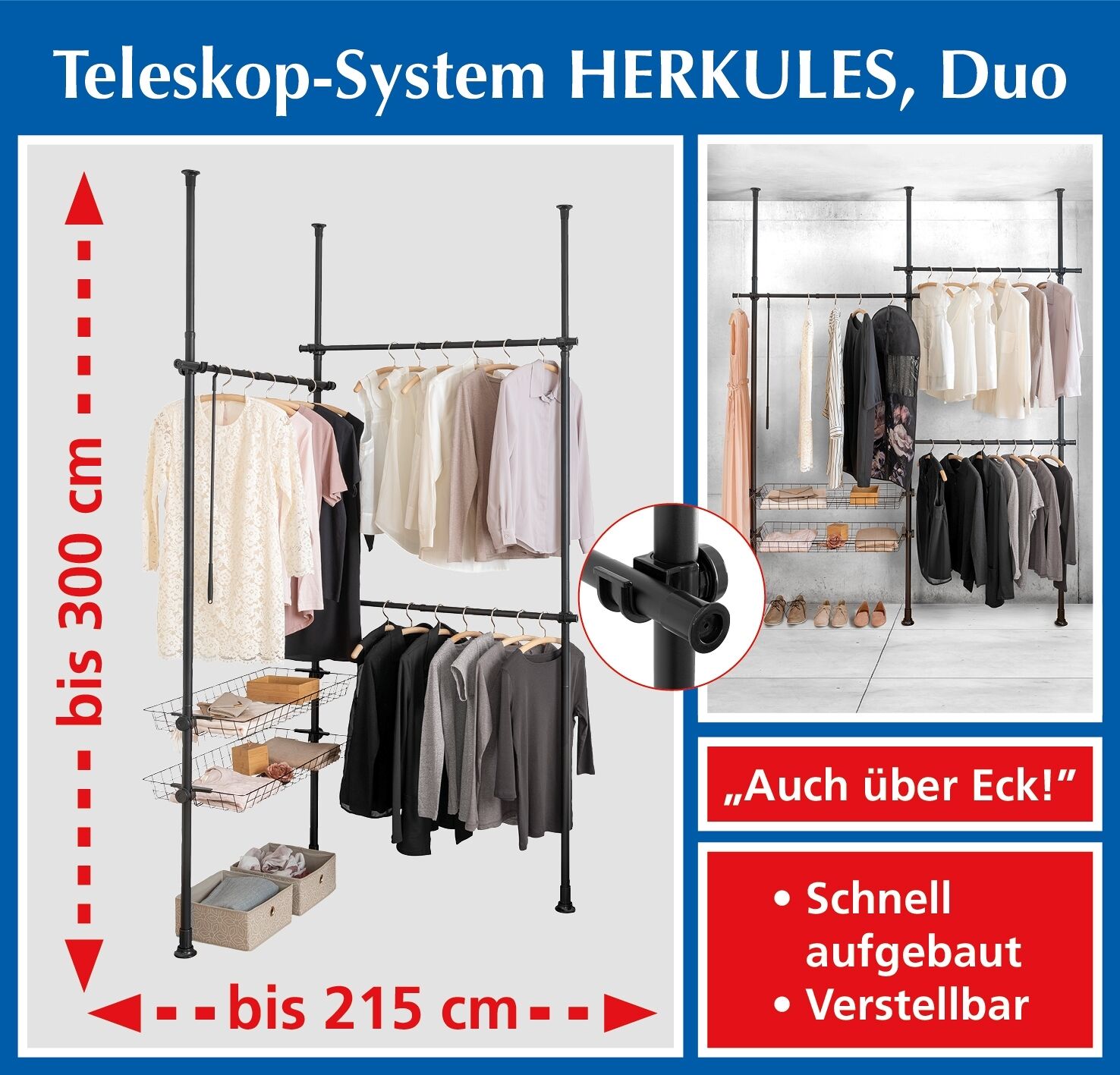 Teleskop-System Herkules Duo Schwarz, verstellbares Garderoben-System