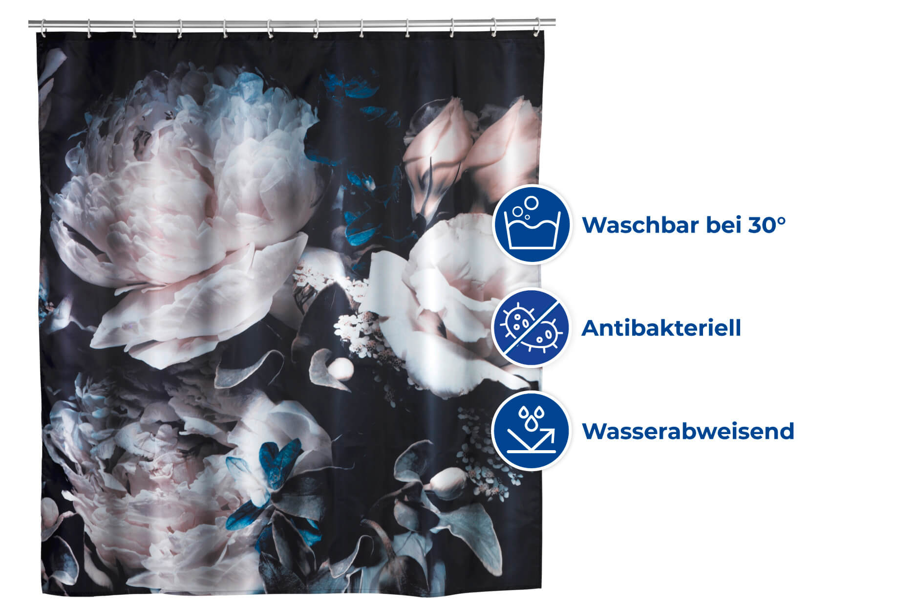 Anti-Schimmel Duschvorhang Peony, Textil (Polyester), 180 x 200 cm, waschbar