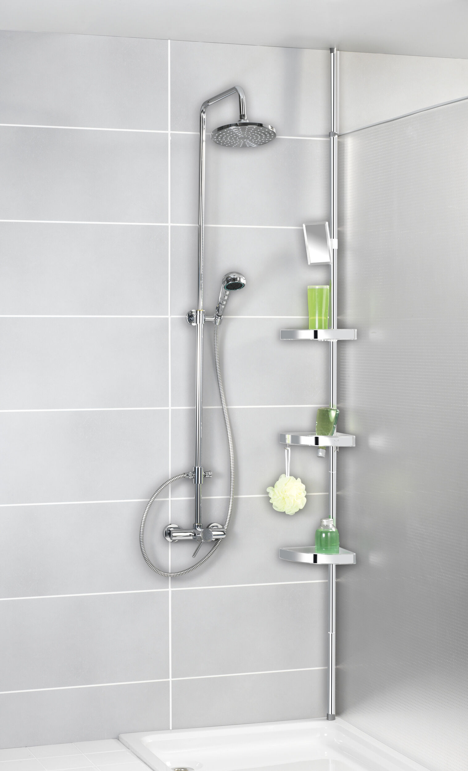 Teleskop Duschecke Premium glänzend, mit 3 Ablagen und Spiegel Teleskop Duschecke Premium glänzend, mit 3 Ablagen und Spiegel
