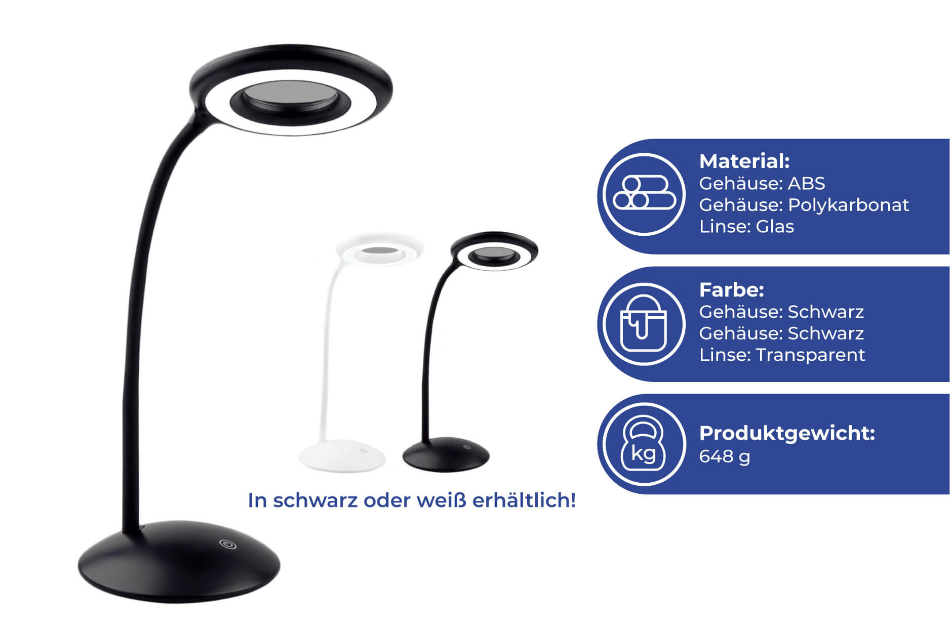 Schwarz, 8-fach 24 LED-Schreibtischleuchte mit LEDs Maximex Lupe Lampe