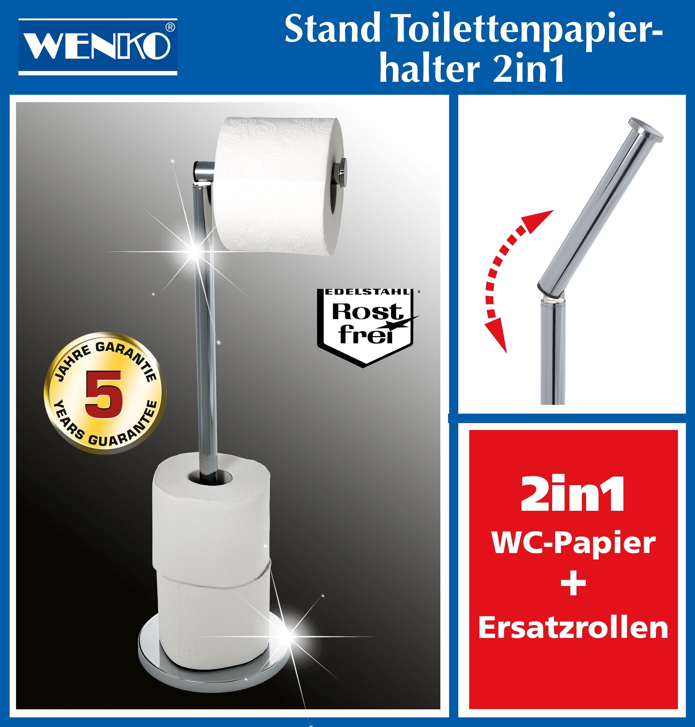 Maximex 2in1 Stand Toilettenpapierhalter, Edelstahl, 4 platzsparend, zu für Ersatzrollen bis
