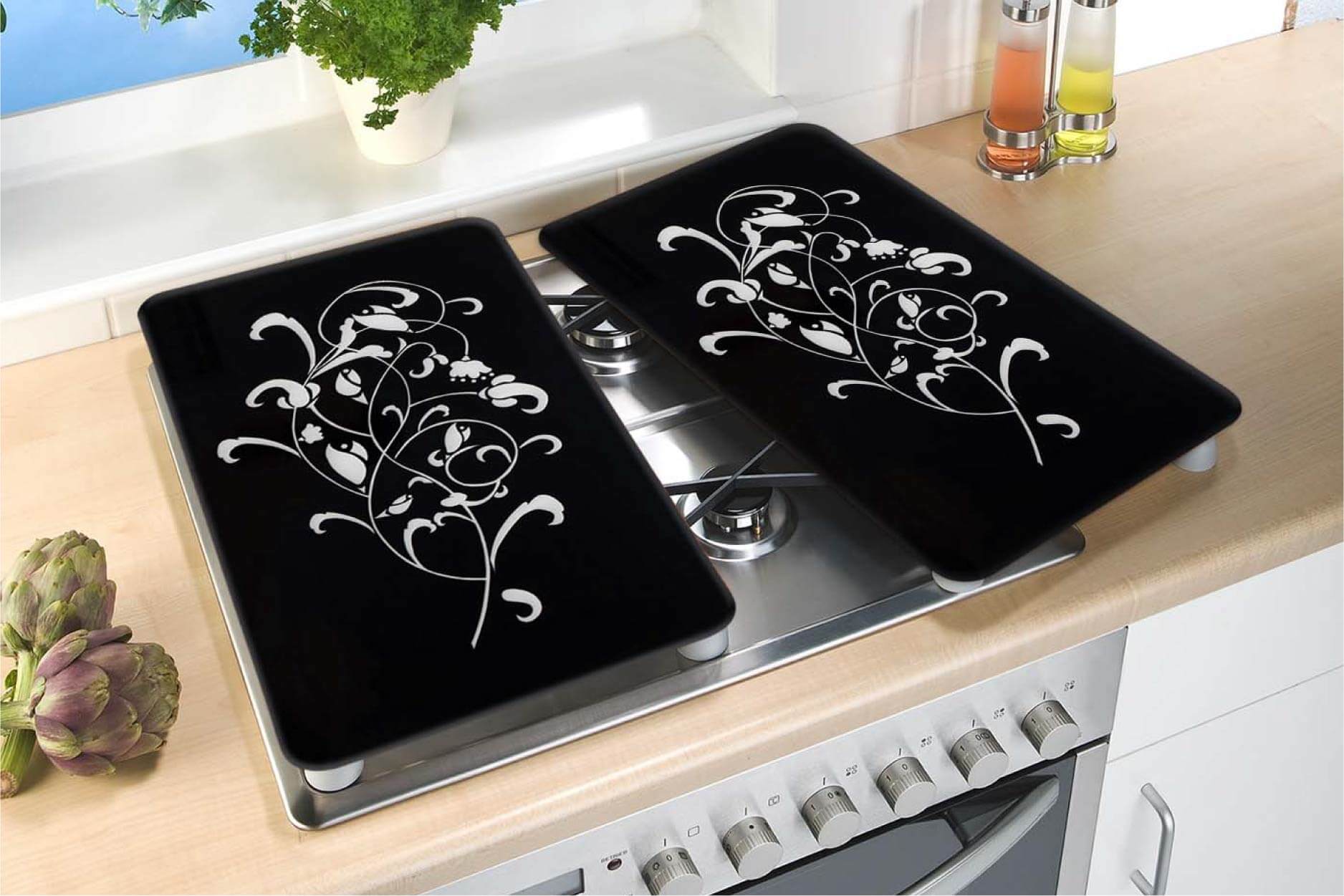 Herdabdeckplatte Universal Ornamento Nero 2er Set, für alle Herdarten
