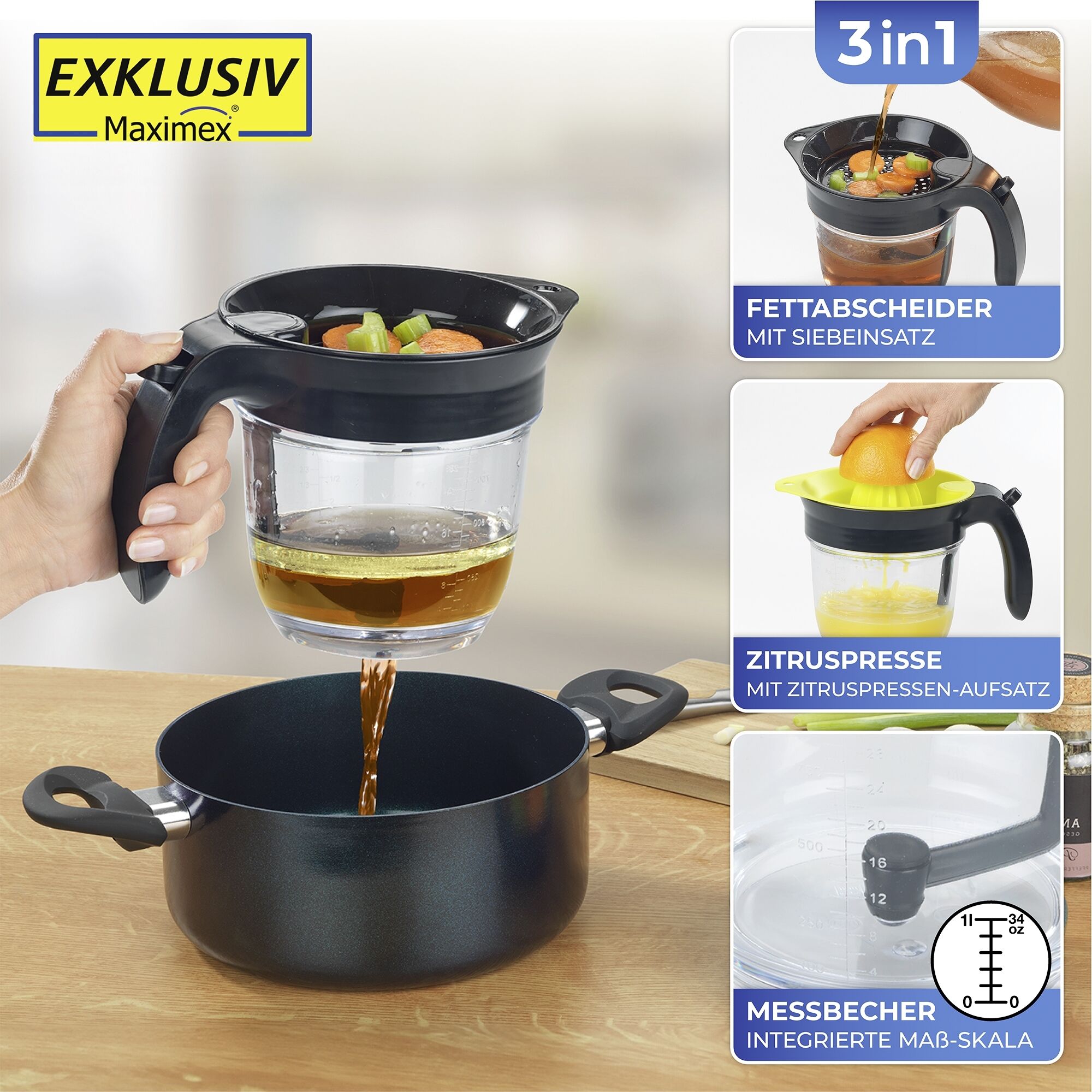 Fettabscheider, Zitruspresse & Messbecher 3in1